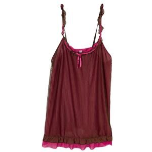 NWOT CACIQUE Top Nightie 14/16 Pink Bow Lace Trim Ruffle Striped Chiffon Lined